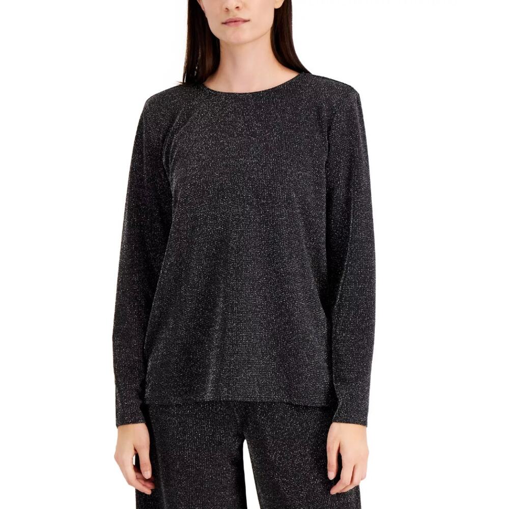 Alfani Black Silver Metallic Threading Shine Long Sleeve Top Blouse PP Petite XS